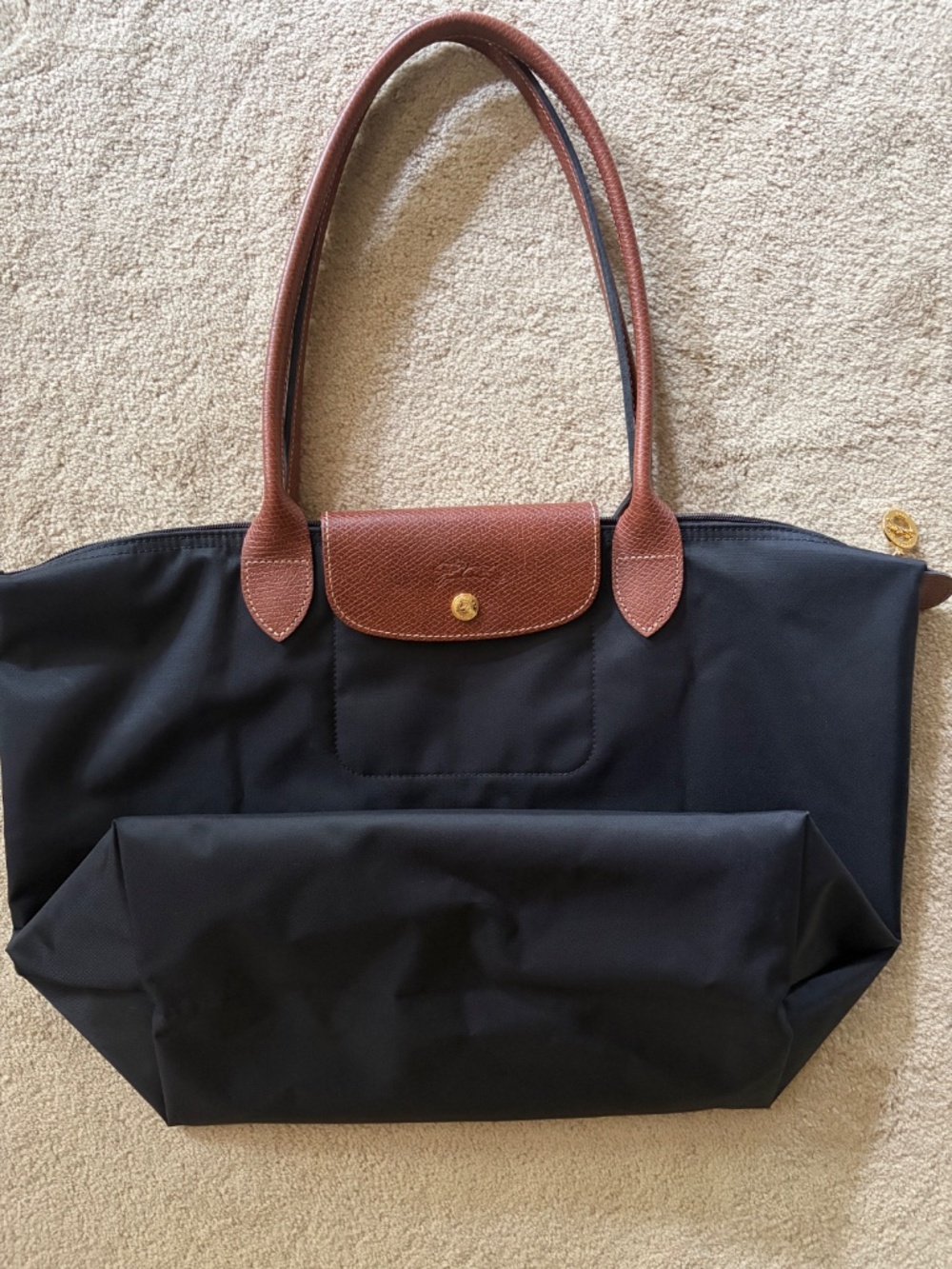 Longchamp Le Pliage Original Large Tote, black with brown leather - Picture 3 of 8